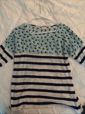 Anthropology Bird Print & Navy Stripe Top